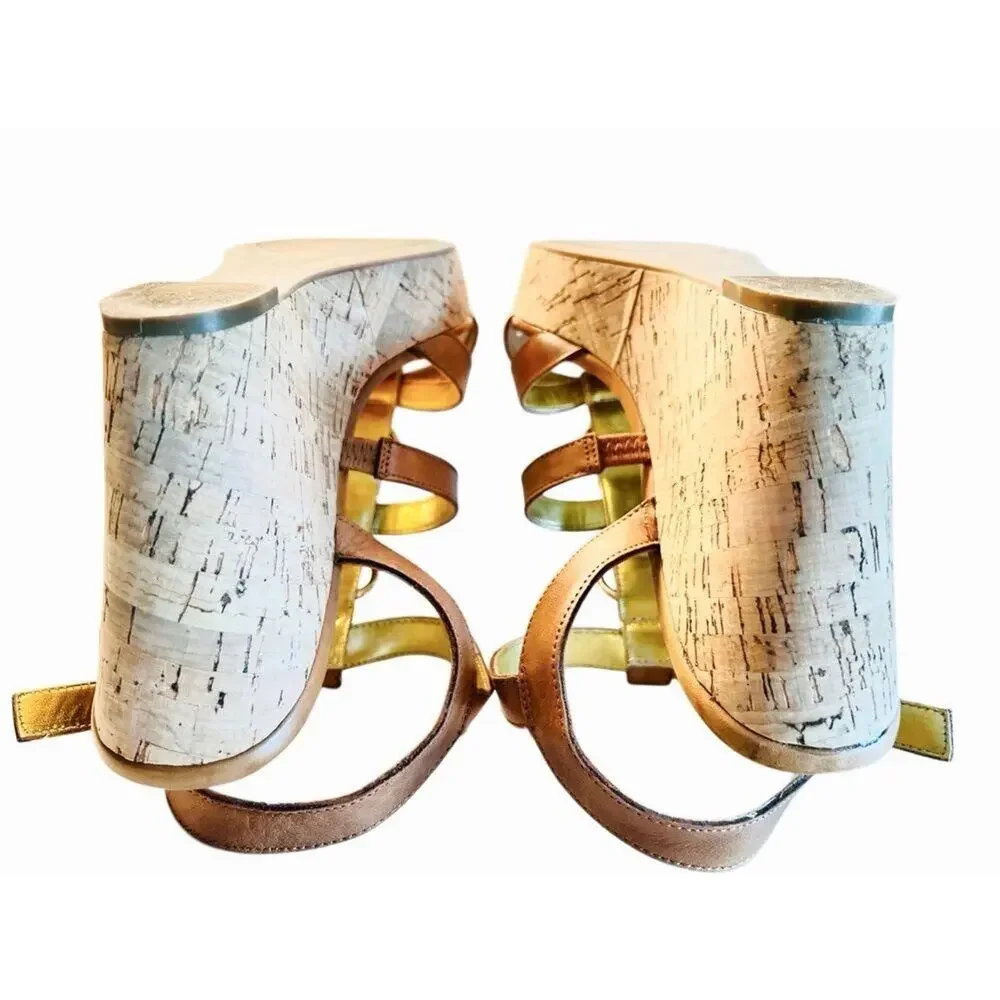 Marc Fisher Genny Brown Leather Strappy Wedge Sandals‎ Gold Metallic Details 10M